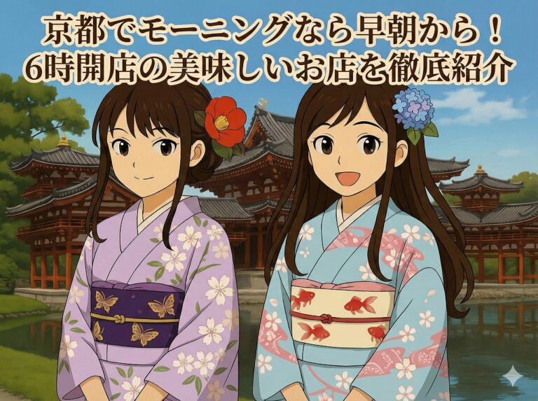 「京都でモーニングなら早朝から！6時開店の美味しいお店を徹底紹介」のアイキャッチ画像。着物を着た2人の女性キャラクターが京都の寺院の前にいるアニメイラスト。