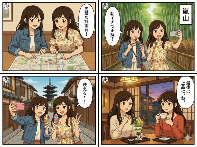 洋服姿の女性2人が京都観光とスイーツを満喫する4コマ漫画