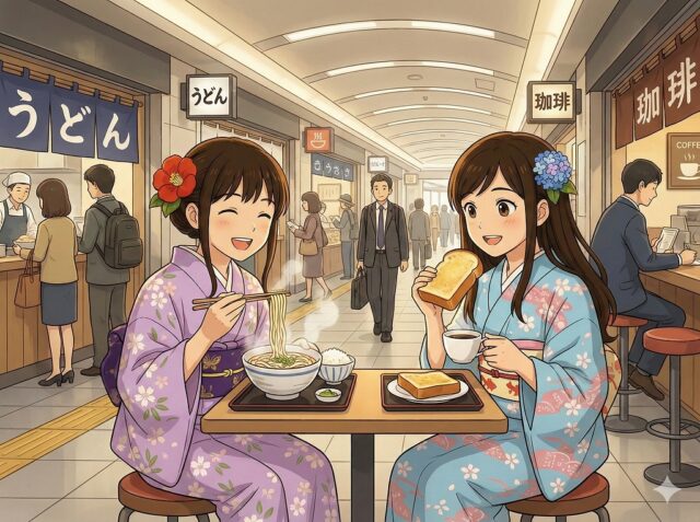 京都駅の賑やかな地下街で、着物姿の女性二人がそれぞれうどん定食とトースト、コーヒーを笑顔で食べているアニメイラスト。