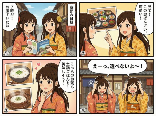 着物姿の女性二人組、ここみとみやびが京都の朝ごはん（おばんざい、お粥、土鍋ごはん）のお店選びに迷う様子を描いた、①から④の番号付き4コマ漫画のアニメイラスト。