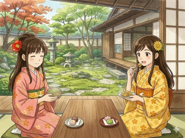 京都の隠れ家的な茶寮で、美しい日本庭園を眺めながら抹茶とわらび餅を楽しむ着物姿の二人の女性（ここみ・みやび）のイラスト