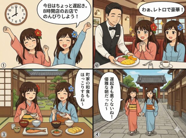 着物姿の女性二人組、ここみとみやびが、8時開店のレトロな喫茶店と町家カフェでそれぞれの朝食を楽しむ様子を描いた、①から④の番号付き4コマ漫画のアニメイラスト。