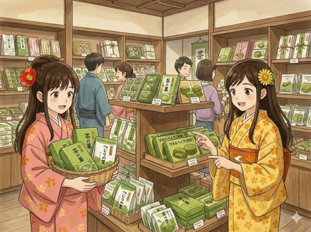 京都の老舗抹茶店で、着物姿のここみとみやびがお土産を選んでいるイラスト。ここみは「茶の菓」や「つじりの里」が入ったカゴを持ち、みやびは「マルトベイク」を指差して笑顔で話している。