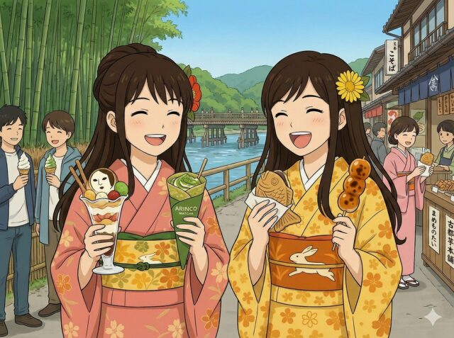 京都・嵐山の渡月橋と竹林を背景に、着物姿の女性2人が抹茶パフェやたい焼きなどの映えスイーツを持って笑顔で食べ歩きを楽しんでいるアニメーションイラスト