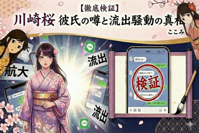 alt="川崎桜の彼氏疑惑と流出騒動を検証する記事のイメージイラスト。紫の着物を着た女性を中心に、「航大」「流出」の文字や、検証印が押されたLINE画面が和風の背景に描かれている。