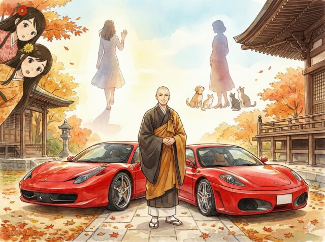 望月理恵さんの元夫で僧侶の金子朋史さんをイメージしたイラスト。紅葉の境内に佇む僧侶と愛車のフェラーリ、そして空には元妻・望月理恵さんと現在の妻・森泉さんを象徴する二人の女性のシルエットが描かれている。左上からブログキャラクターのみやびとここみが驚いた様子で覗き込んでいる。