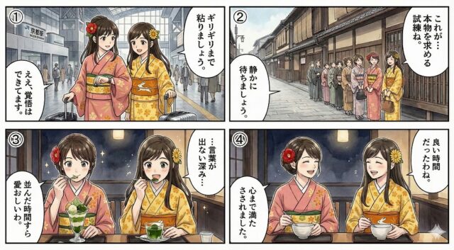 京都駅で決意し、祇園の行列に並び、老舗の抹茶パフェとゼリーを食べて感動する着物姿の女性二人の4コマ漫画イラスト