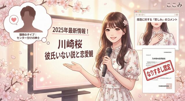 「2025年最新情報！川崎桜 彼氏いない説と恋愛観」というタイトルの下、マイクを持つ川崎桜のイラスト。「理想のタイプ：センター分けの紳士」のシルエットや、「捏造に対する『悲しみ』のコメント」、乃木坂46運営による「なりすまし認定」スタンプが押された書類などが、桜の背景とともに描かれているブログアイキャッチ画像。