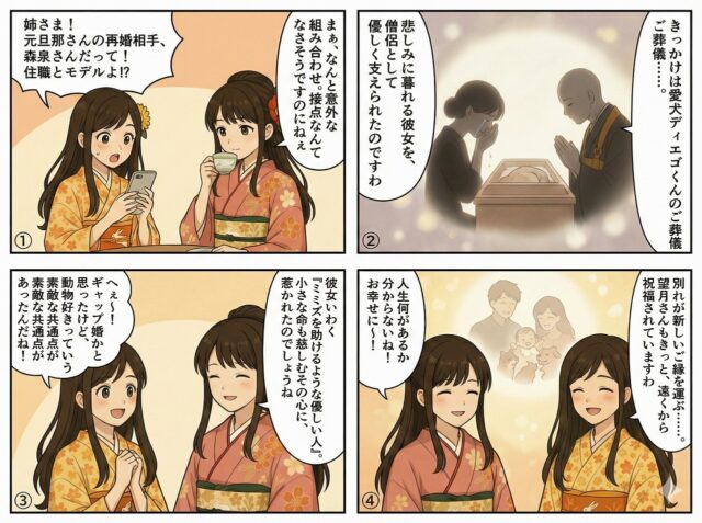 金子朋史さんと森泉さんの再婚について解説する4コマ漫画。ペットの葬儀での出会いや、動物好きという共通点、新しいご縁への祝福を描いている。