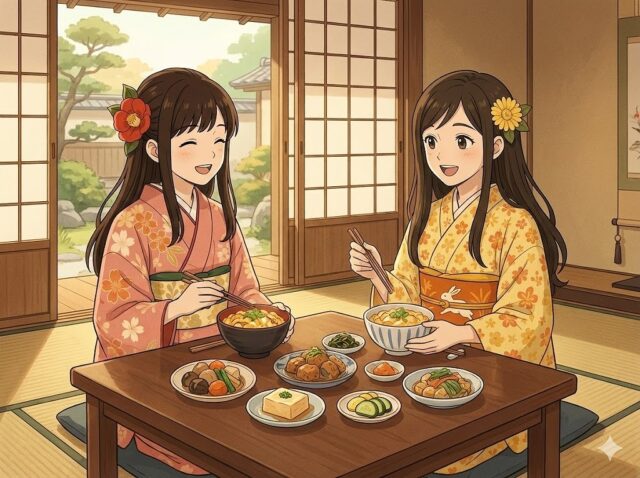 京都の町家風の和室で、親子丼や種類豊富なおばんざいを前に笑顔で食事を楽しむここみとみやびのイラスト