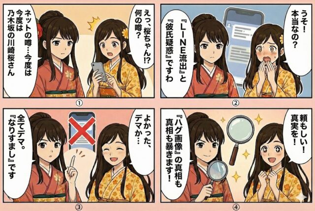 乃木坂46一ノ瀬美空の彼氏バレの噂やドラクエ好きゲーマー説についてここみとみやびが解説する4コマ漫画