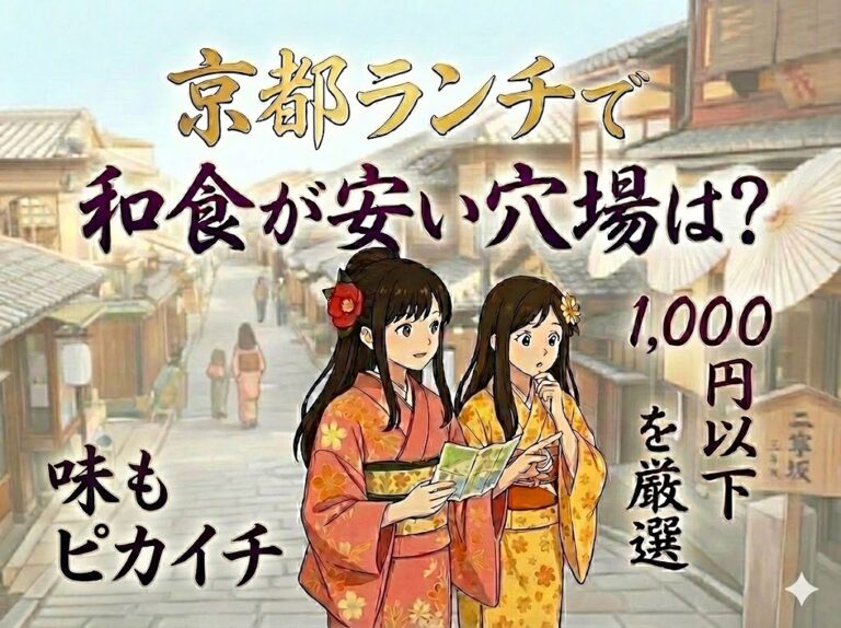 京都の古い街並みで地図を見る着物姿の2人の女性のアニメイラスト。上部に「京都ランチで和食が安い穴場は？」、右側に「1,000円以下を厳選」、左下に「味もピカイチ」というテキストが書かれている。