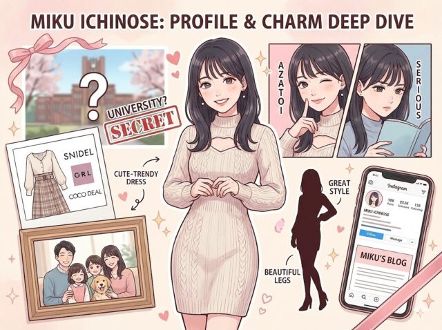 一ノ瀬美空の大学生活や私服、性格などの多彩なプロフィール情報を象徴する明るいイメージ空間を、和服姿のここみ（左）とみやび（右）が左右から覗き込み、その魅力の深さに驚きと感嘆の表情を浮かべているイラスト。"