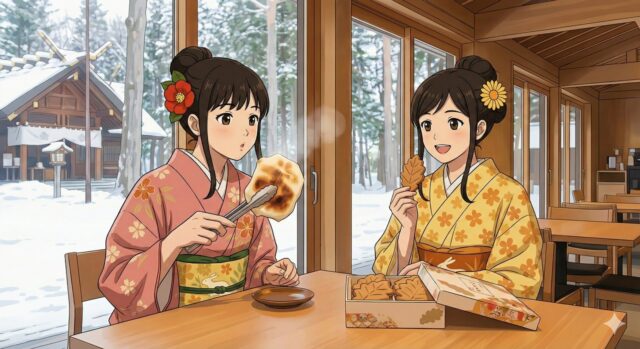 雪景色の北海道神宮にある神宮茶屋の店内で、焼きたての餅とクッキーを楽しむ着物姿の二人の女性のアニメイラスト。