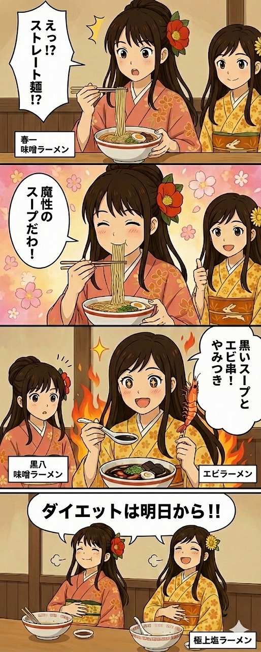 札幌美園「春一家」の春一味噌・黒八味噌・えびラーメンを実食して「やみつき」と絶賛するここみとみやびの4コマ漫画
