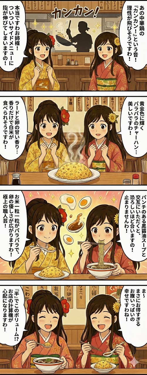 札幌平岸「くわの実」の絶品サイドメニュー「チャーハン」とコスパ最強「半セット」を堪能する着物女子4コマ漫画