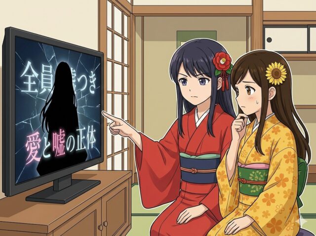 和室でテレビ画面の「全員嘘つき」「愛と嘘の正体」という文字と女性のシルエットを見つめ、険しい顔で指差す姉(ここみ)と考え込む妹(みやび)のアニメイラスト。