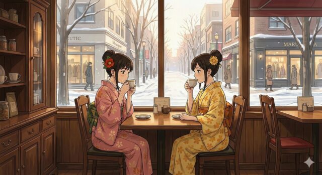 雪景色が見えるレトロカフェでくつろぐ着物姿の二人の女性