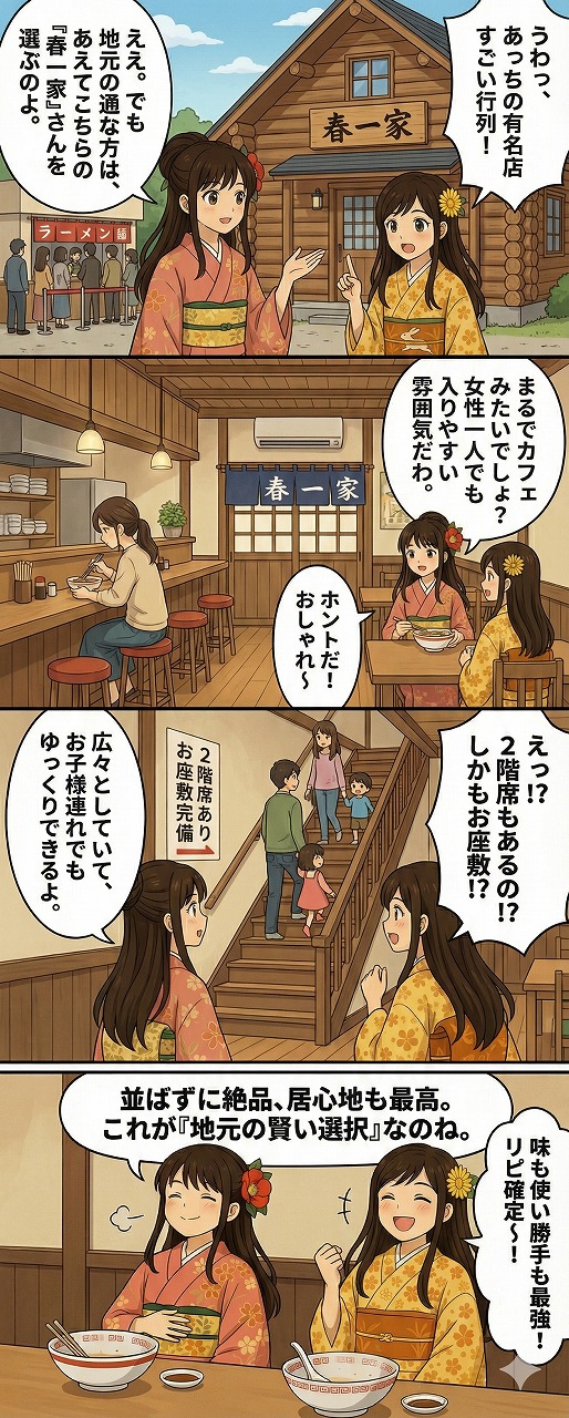 札幌美園「春一家」のログハウス風店内や2階席の魅力を紹介する4コマ漫画