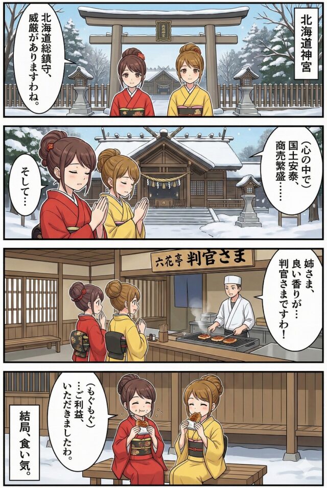 北海道神宮のパワースポット参拝と六花亭の限定グルメ「判官さま」を堪能する4コマ漫画
