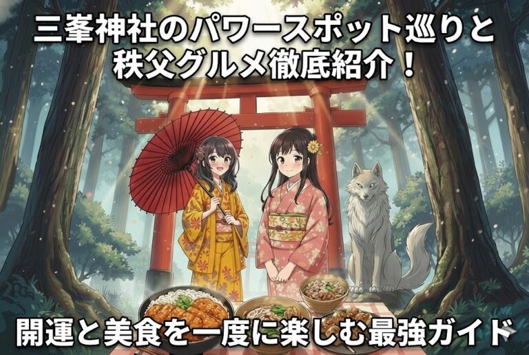 三峯神社のパワースポット巡りと秩父グルメ徹底紹介！開運と美食を一度に楽しむ最強ガイド｜着物の女性2人と狼、わらじカツ丼のイラスト
