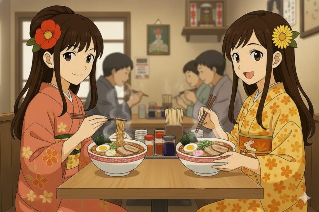 昭和レトロな雰囲気のラーメン屋で、美味しそうにラーメンをすする上品な着物姿の女性二人組。温かい湯気と和やかな会話が伝わるアニメスタイルの似顔絵。