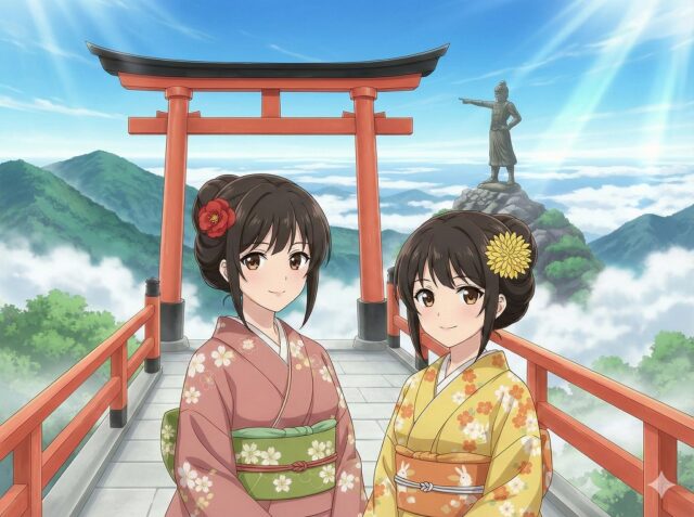 秩父の最強パワースポット三峯神社で日本武尊の巨大銅像と天空の絶景を背に微笑む着物姿のここみとみやび