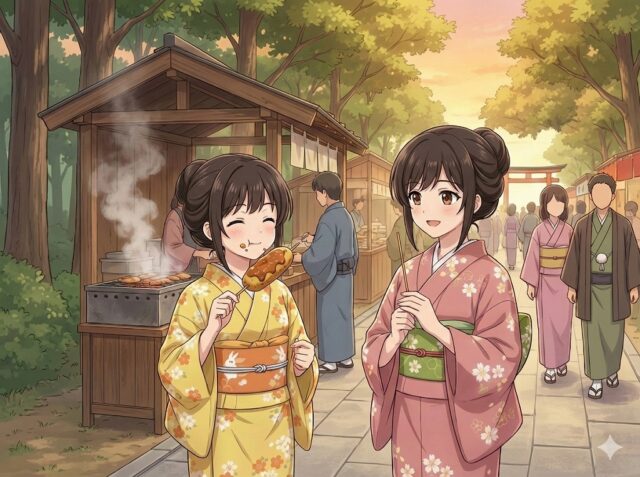 三峯神社の参道で、名物の「いもでんがく」を幸せそうに頬張るみやびと、微笑むここみ。夕暮れの賑やかな屋台の風景を描いたアニメイラスト。