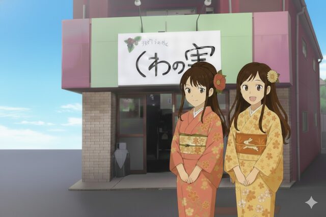 青空の下、店舗「くわの実」の前に立つ着物姿のここみとみやび