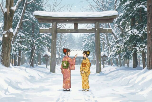 雪の神社鳥居前に立つ着物姿の二人の女性
