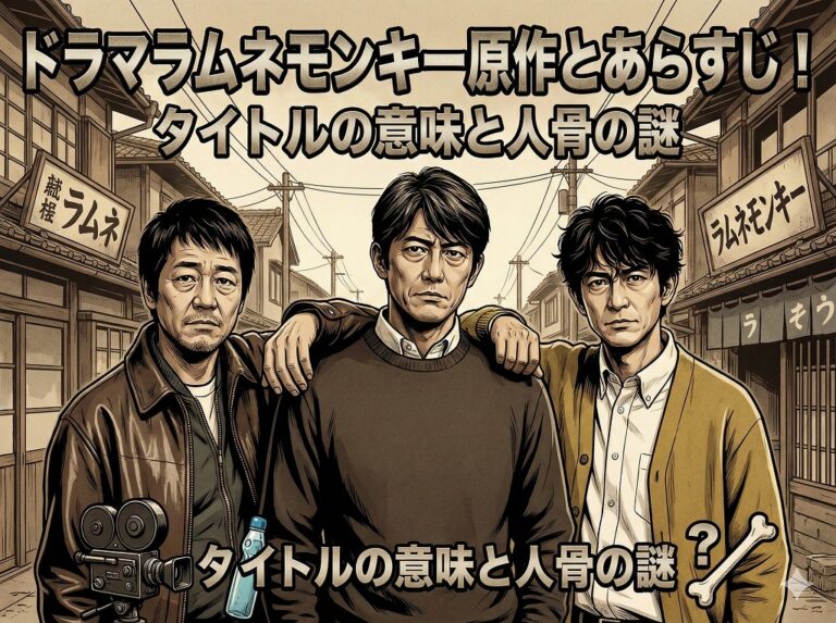 2026年冬ドラマ「ラムネモンキー」アイキャッチ画像。原作あらすじと人骨の謎、主要キャスト3人のイラスト