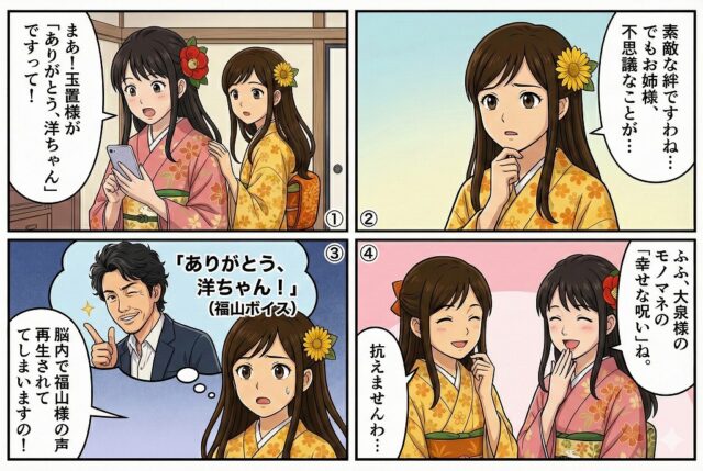 玉置浩二が大泉洋に送った「ありがとう、洋ちゃん」という言葉。 それを見たみやびの脳内では、大泉洋のモノマネによる「福山雅治の声」で自動再生されてしまう。 ここみとみやびは、それを「幸せな呪い」と笑い合う、4コマ漫画。