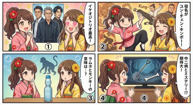 ドラマ『ラムネモンキー』4コマ漫画。反町隆史ら豪華主演、香港スターにちなんだ役名、意味深なタイトル、中二病がテーマ。