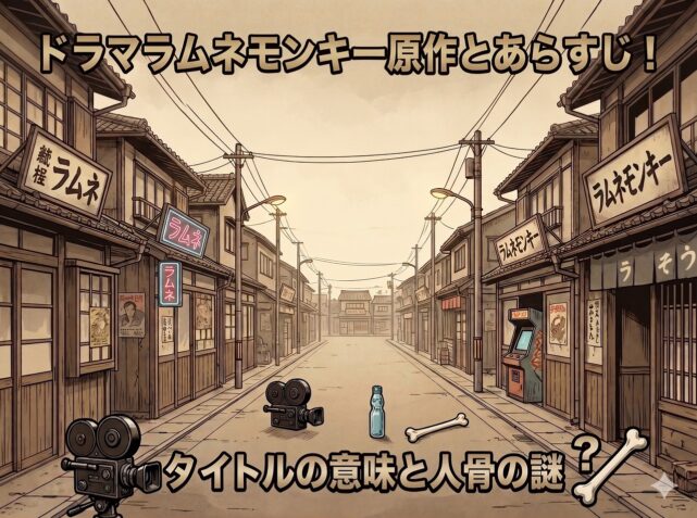 レトロな日本の町並みのイラスト。上部に金文字で『ドラマラムネモンキー原作とあらすじ!』、下部に白文字で『タイトルの意味と人骨の謎?』とあり、骨のイラストとクエスチョンマークが添えられている。街角には古い映画カメラやラムネ瓶、アーケードゲーム機が置かれている。