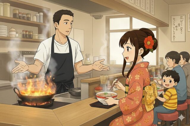 札幌のラーメン店「くわの実」のカウンター席で、着物姿のここみや親子連れがリラックスして食事を楽しむ様子。店主の温かい接客と子供連れへの配慮が伝わるアニメ風イラスト。