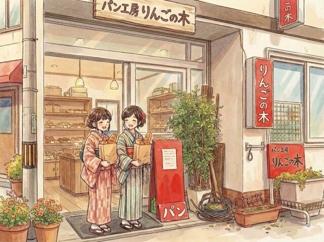 平岸のパン屋「パン工房りんごの木」を訪れた、着物姿のここみとみやび。