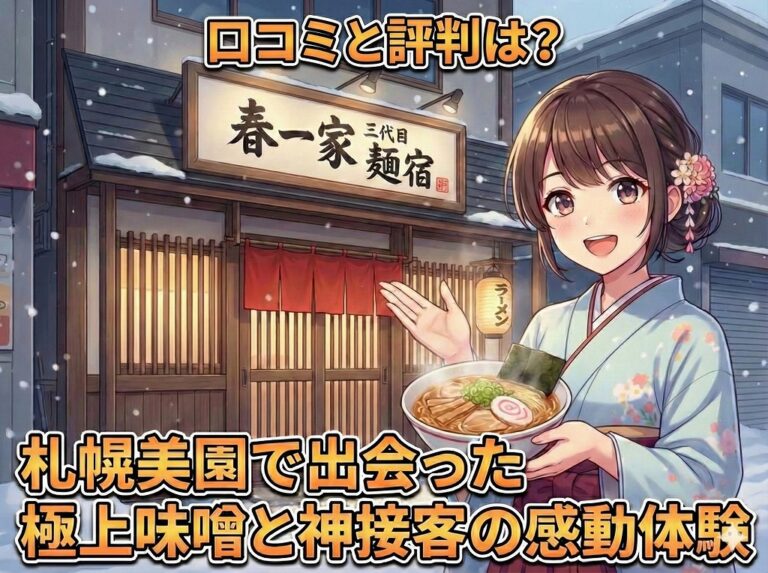 札幌美園の人気ラーメン店「春一家 三代目 麺宿」の口コミ記事アイキャッチ画像。極上味噌ラーメンと神接客の評判を描いたアニメイラスト。