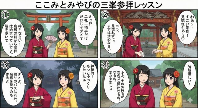 着物姿の姉妹、ここみとみやびが三峯神社の正しい参拝作法と心構えを学ぶ4コマ漫画。