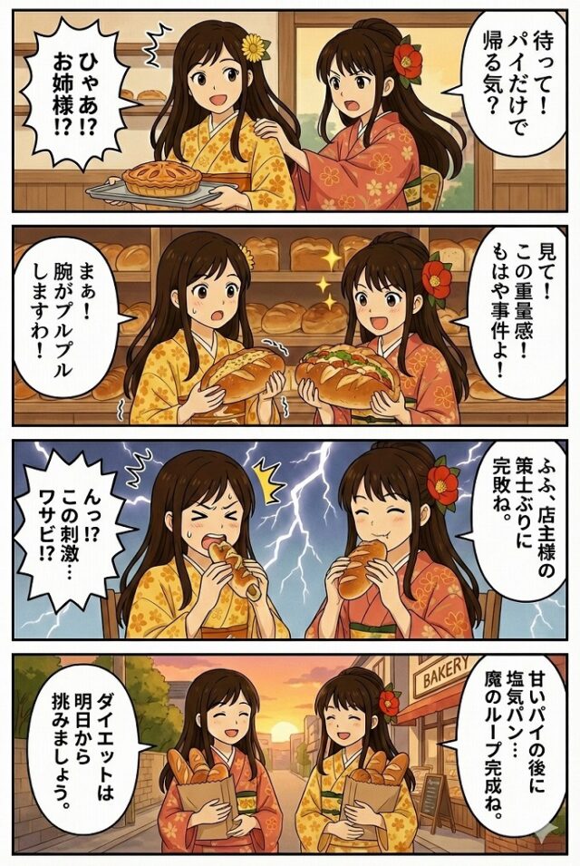 パン屋で大きなフランスパンやパイを楽しむ着物姿の姉妹（ここみとみやび）の4コマ漫画。