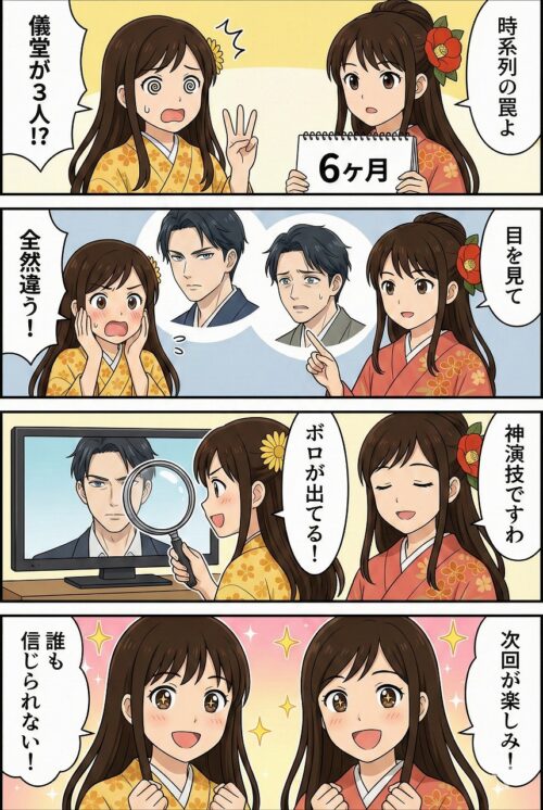 ドラマ『リブート』の時系列トリックと「儀堂3人説」を、着物姿の姉妹(ここみ・みやび)が考察する縦長4コマ漫画。