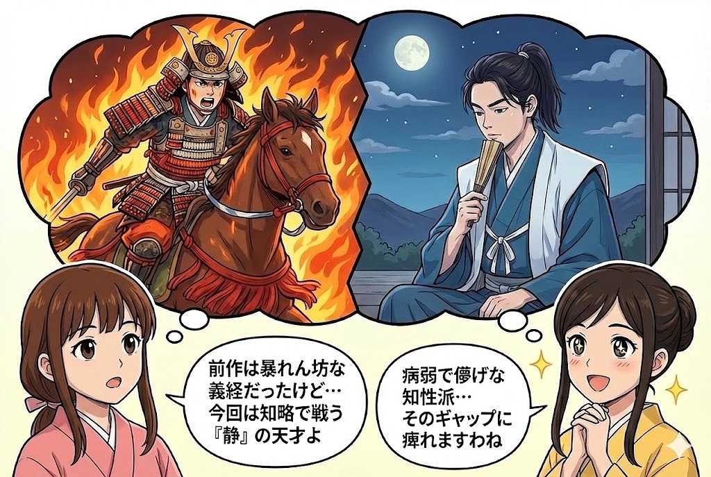 ここみとみやびが会話する漫画の1コマ。頭上の想像図には、炎の中で叫ぶ動的な義経と、月夜に静かに座る知略の半兵衛が対比されている。「今回は知略で戦う『静』の天才」「そのギャップに痺れます」と、二人の違いについて語り合っている様子。