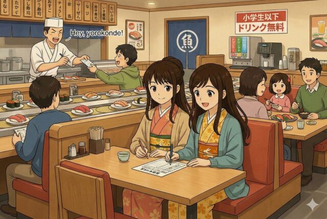 函館漁火川沿店の広いボックス席で、紙の注文用紙に記入する着物姿のここみとみやび。背景には職人に注文票を渡す家族連れや「小学生以下ドリンク無料」の看板があるドリンクバーが見える。