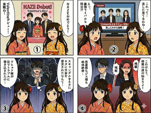 【ドリームステージ5話】NAZEのバレンタインデビュー決定とTORINNERの妨害・金銭トラブルを描いた4コマ漫画