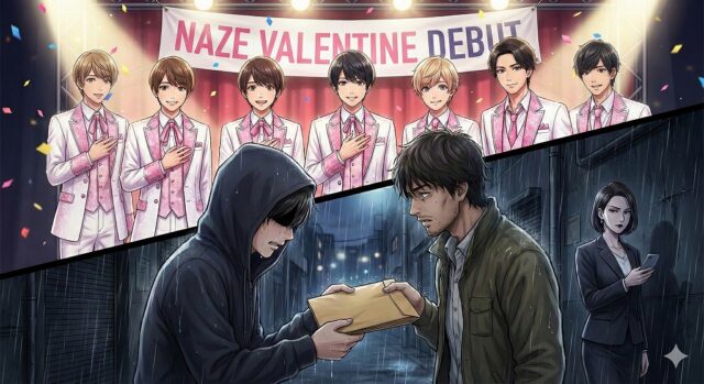 華やかなステージ上の7人と雨の路地裏で秘密を渡すドヒョクの対比イラスト