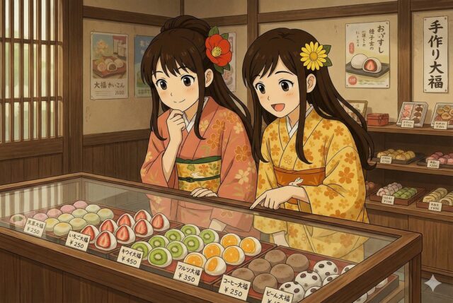 和菓子屋のガラスショーケースに並ぶ色とりどりのフルーツ大福やコーヒー大福を、楽しそうに選んでいるここみとみやびのアニメイラスト