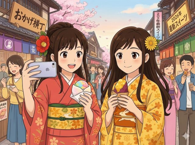 伊勢のおかげ横丁で、桜を背景に2026年の最新スイーツ（ジェラ餅とはちみつポテト）を手に自撮りを楽しむ着物姿のここみとみやびのイラスト