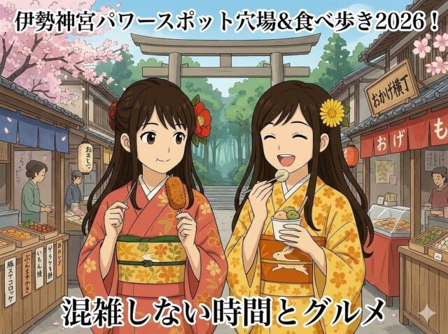 伊勢神宮の鳥居とおかげ横丁を背景に、着物姿のここみとみやびが食べ歩きグルメを楽しんでいるイラスト。「伊勢神宮パワースポット穴場＆食べ歩き2026！混雑しない時間とグルメ」のタイトル文字入り。