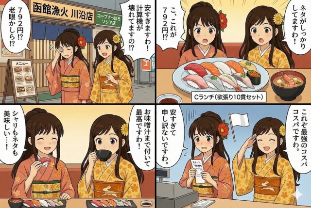 函館漁火川沿店の792円寿司ランチに驚くここみとみやびの4コマ漫画。メニューを見て安さに仰天し、豪華な10貫セットを実食してコスパの良さに感動する様子。