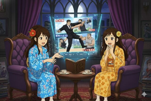 ドラマ『天音蓮』の柔術シーンのホログラムを前に、着物姿で感想を語り合うここみとみやびのアニメ風イラスト