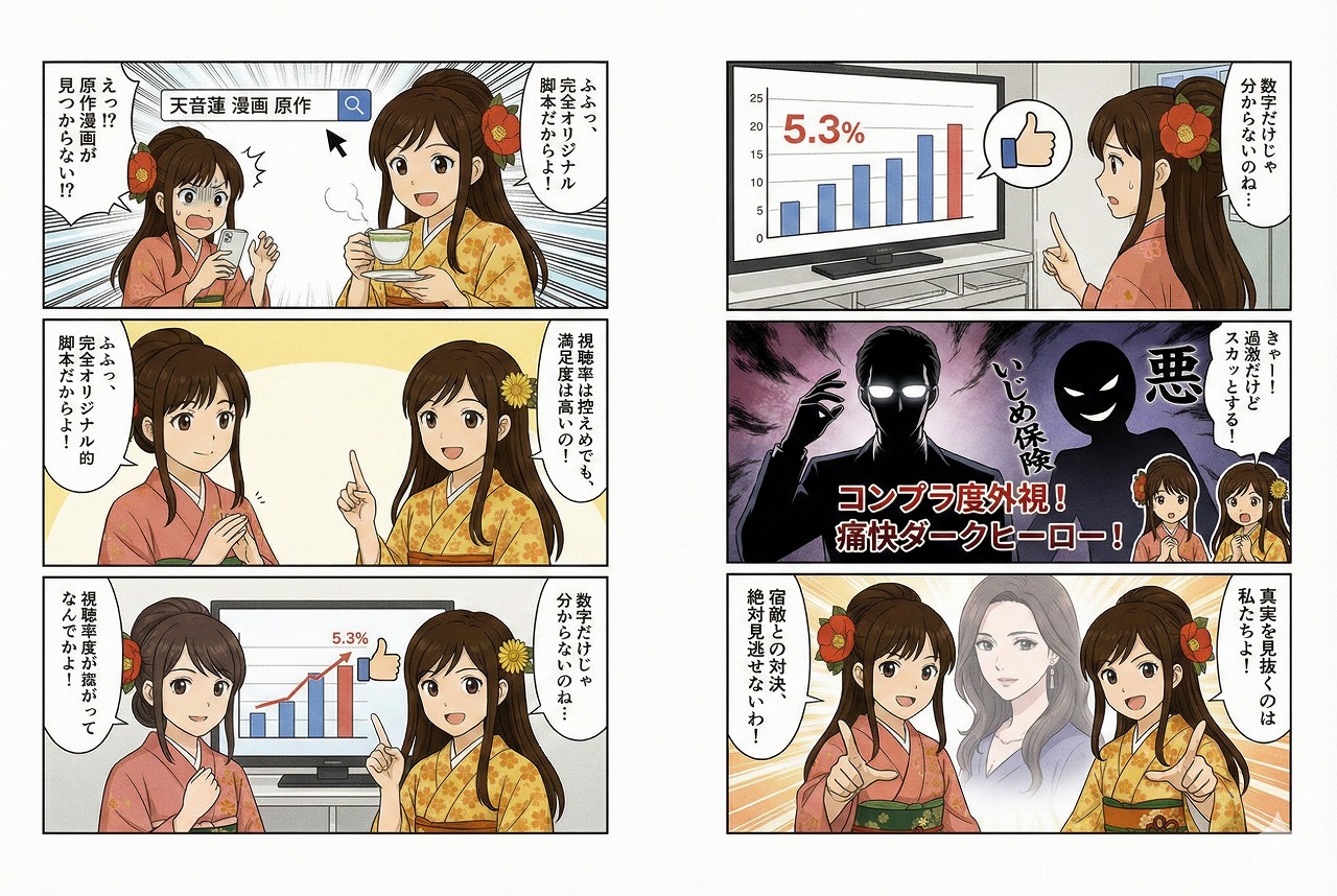 着物姿の姉妹ここみとみやびがドラマ『プロフェッショナル 保険調査員・天音蓮』を解説する4コマ漫画。原作なしのオリジナル脚本である点、視聴率5%台でも高評価される理由、いじめ保険を扱うダークヒーロー要素、宿敵・氷室貴羽との対決についてイラストで紹介。